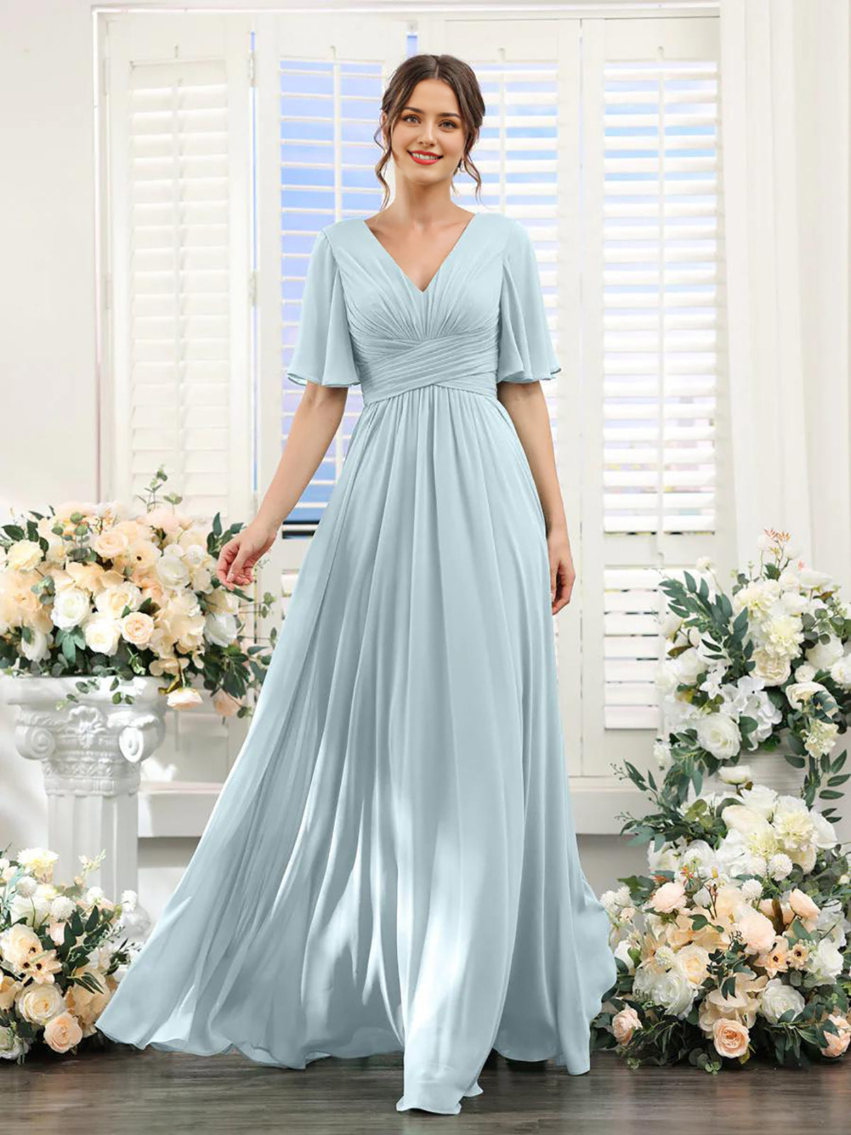 Elegantes Chiffonkleid mit V-Ausschnitt und hohem Schlitz – Perfekt für Hochzeiten und festliche Anlässe, normale Passform 22