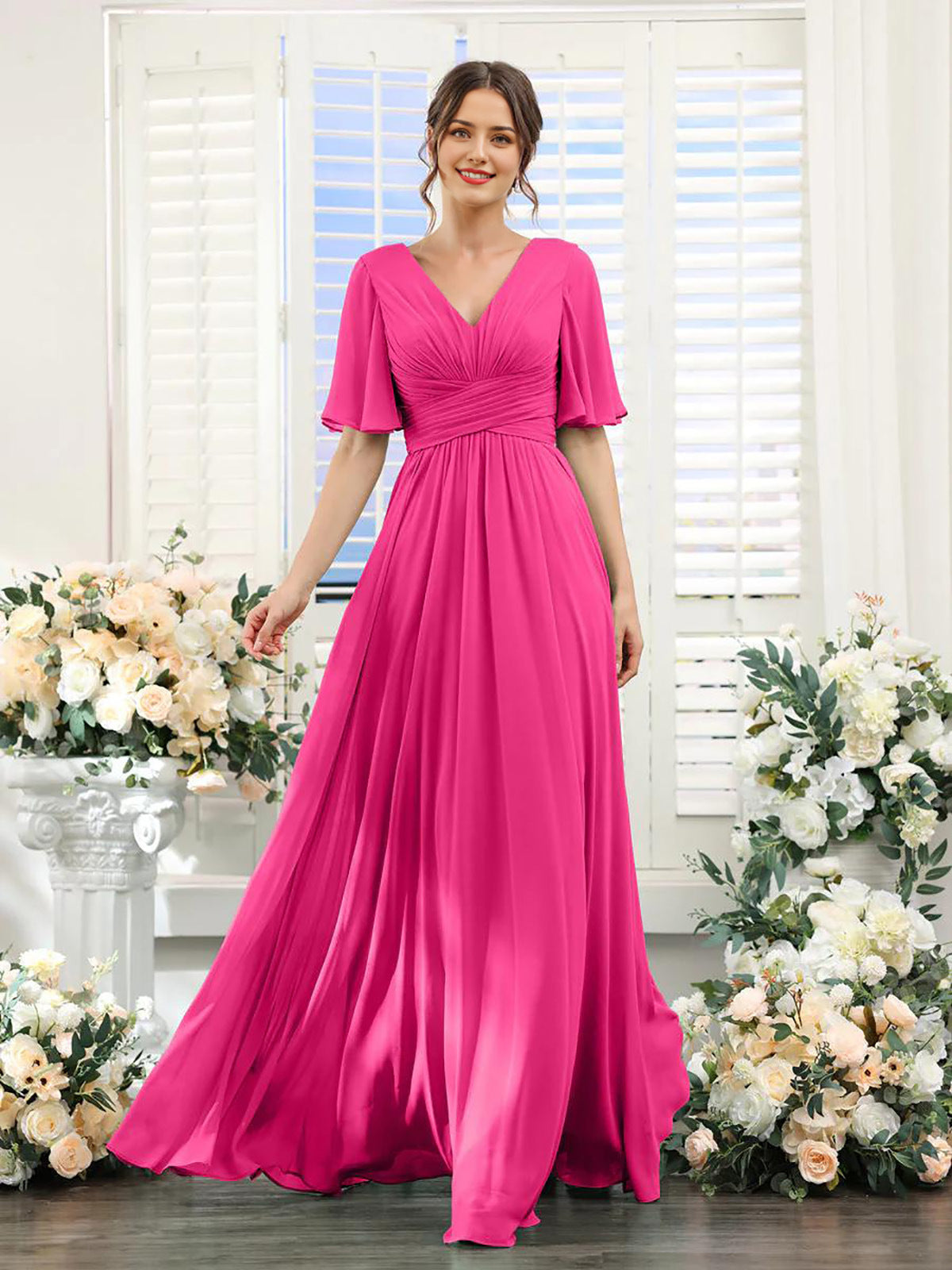 Elegantes Chiffonkleid mit V-Ausschnitt und hohem Schlitz – Perfekt für Hochzeiten und festliche Anlässe, normale Passform 21