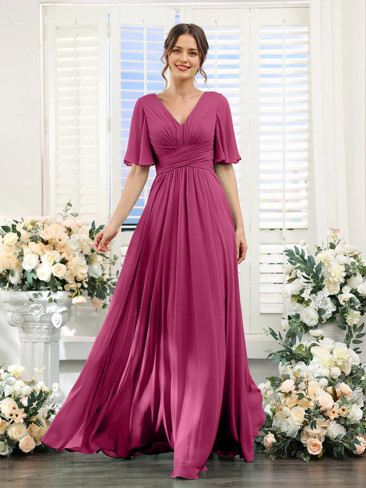 Elegantes Chiffonkleid mit V-Ausschnitt und hohem Schlitz – Perfekt für Hochzeiten und festliche Anlässe, normale Passform 20