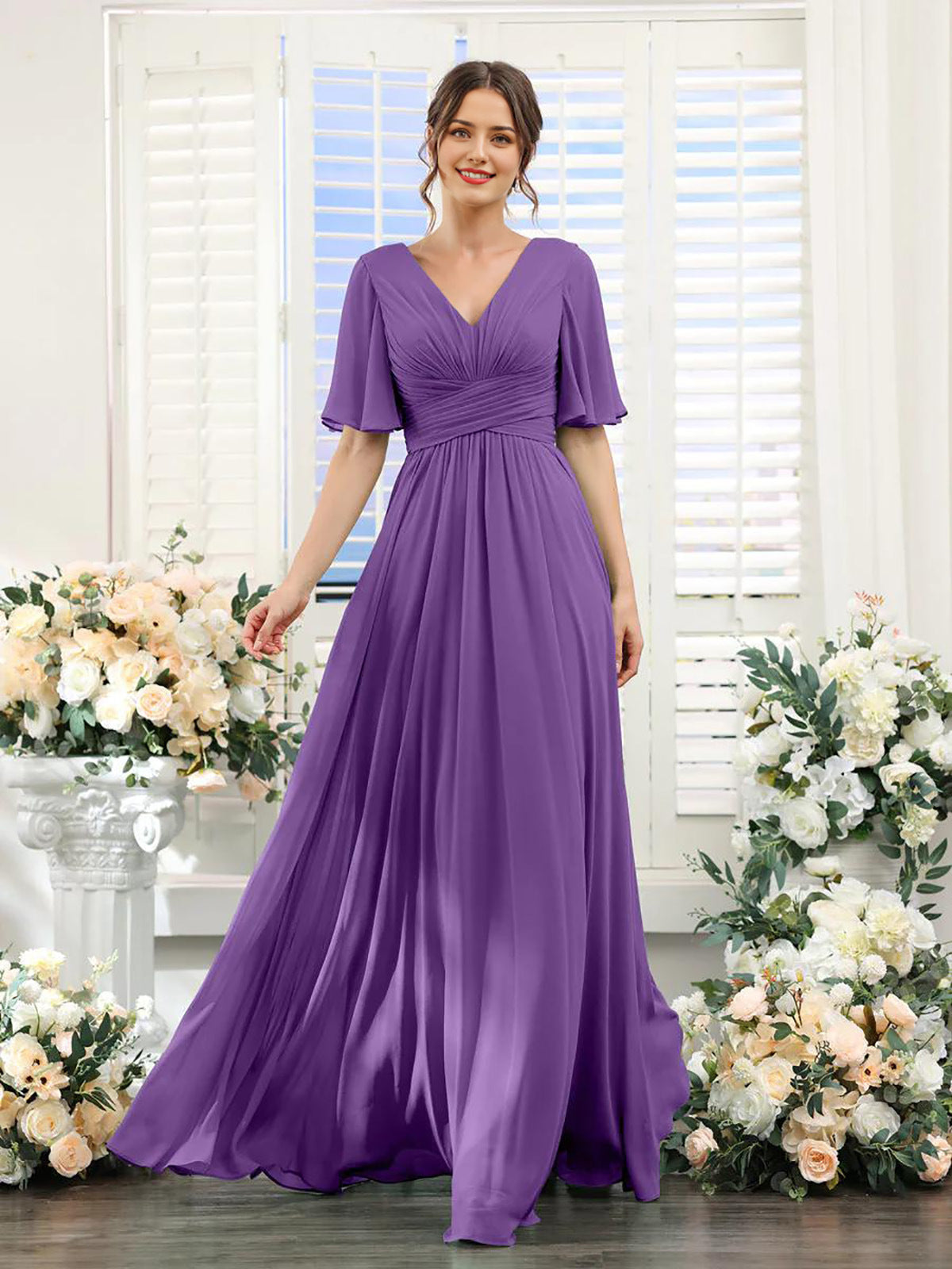 Elegantes Chiffonkleid mit V-Ausschnitt und hohem Schlitz – Perfekt für Hochzeiten und festliche Anlässe, normale Passform 15
