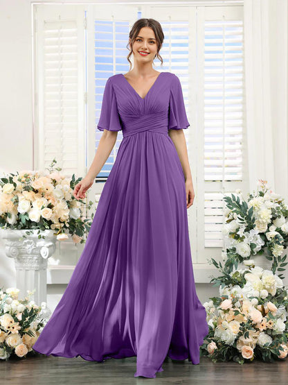 Elegantes Chiffonkleid mit V-Ausschnitt und hohem Schlitz – Perfekt für Hochzeiten und festliche Anlässe, normale Passform 15