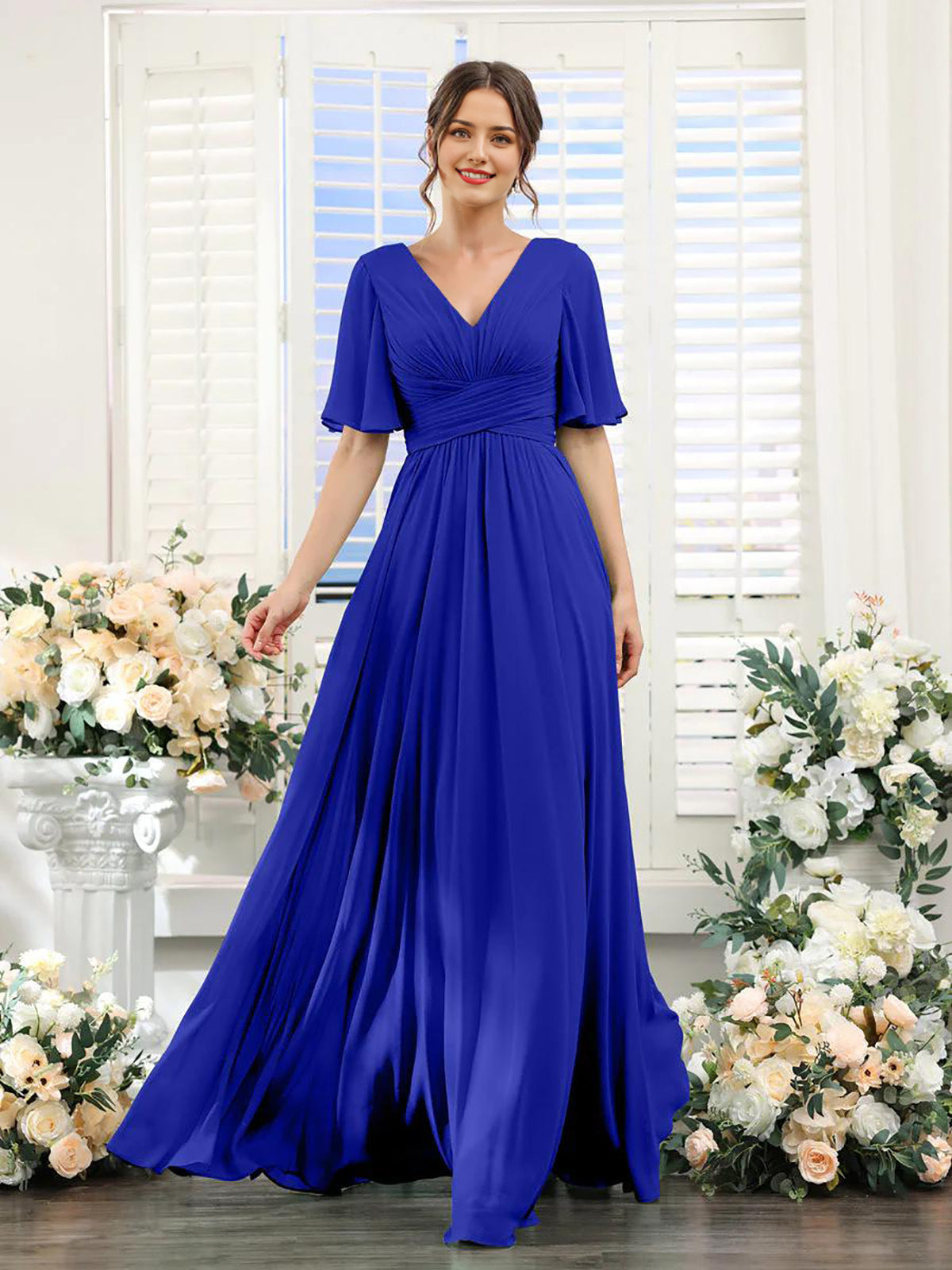 Elegantes Chiffonkleid mit V-Ausschnitt und hohem Schlitz – Perfekt für Hochzeiten und festliche Anlässe, normale Passform 13