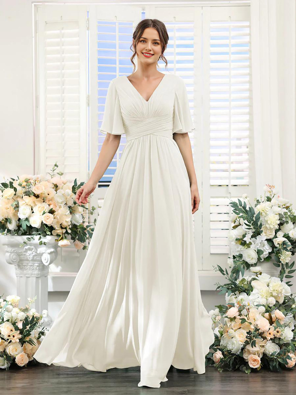 Elegantes Chiffonkleid mit V-Ausschnitt und hohem Schlitz – Perfekt für Hochzeiten und festliche Anlässe, normale Passform 16