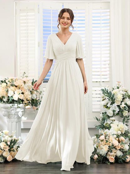 Elegantes Chiffonkleid mit V-Ausschnitt und hohem Schlitz – Perfekt für Hochzeiten und festliche Anlässe, normale Passform 16