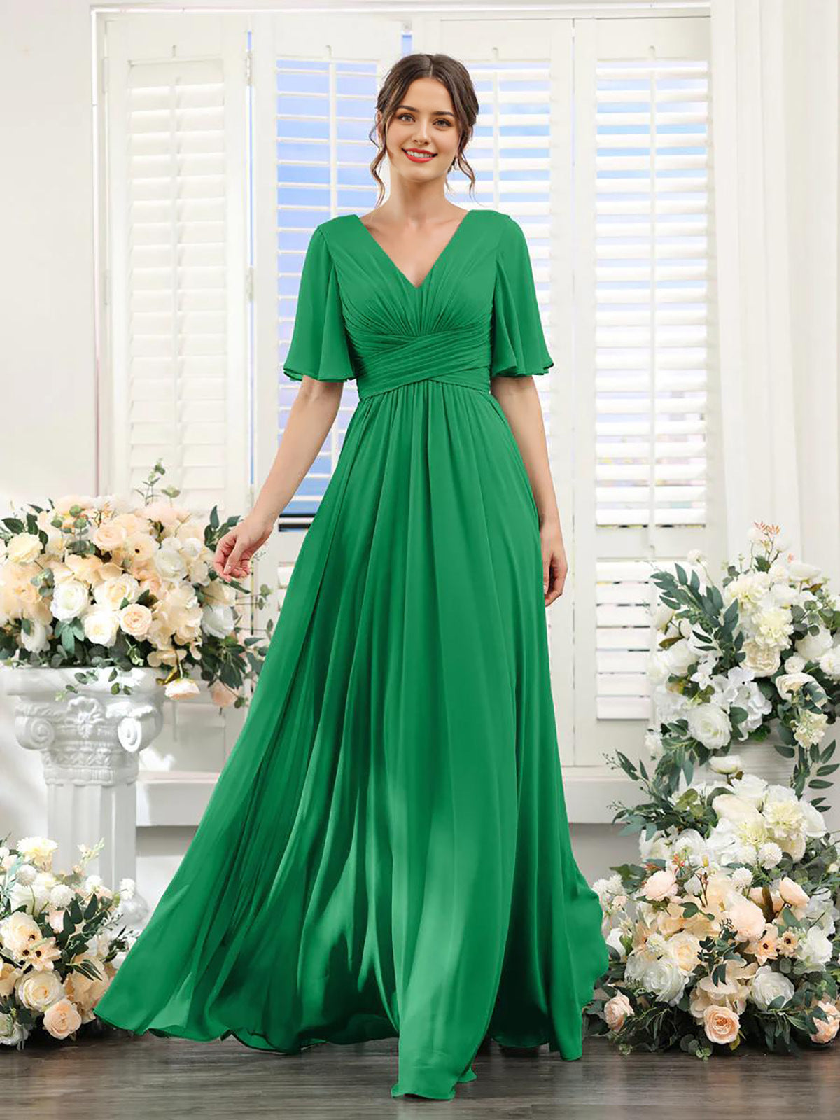 Elegantes Chiffonkleid mit V-Ausschnitt und hohem Schlitz – Perfekt für Hochzeiten und festliche Anlässe, normale Passform 17