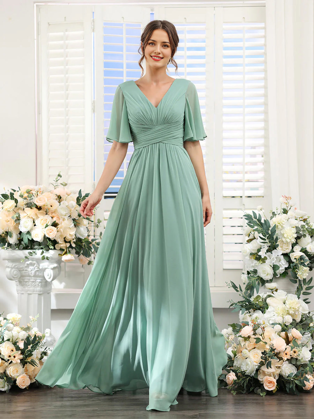 Elegantes Chiffonkleid mit V-Ausschnitt und hohem Schlitz – Perfekt für Hochzeiten und festliche Anlässe, normale Passform 14