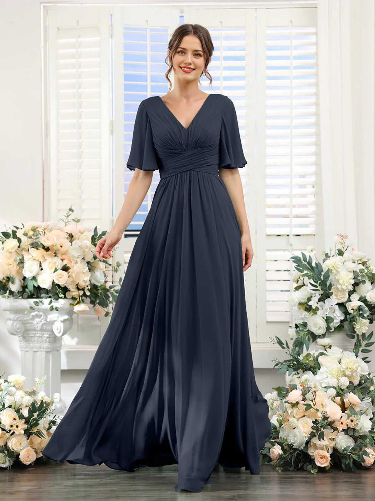 Elegantes Chiffonkleid mit V-Ausschnitt und hohem Schlitz – Perfekt für Hochzeiten und festliche Anlässe, normale Passform 5