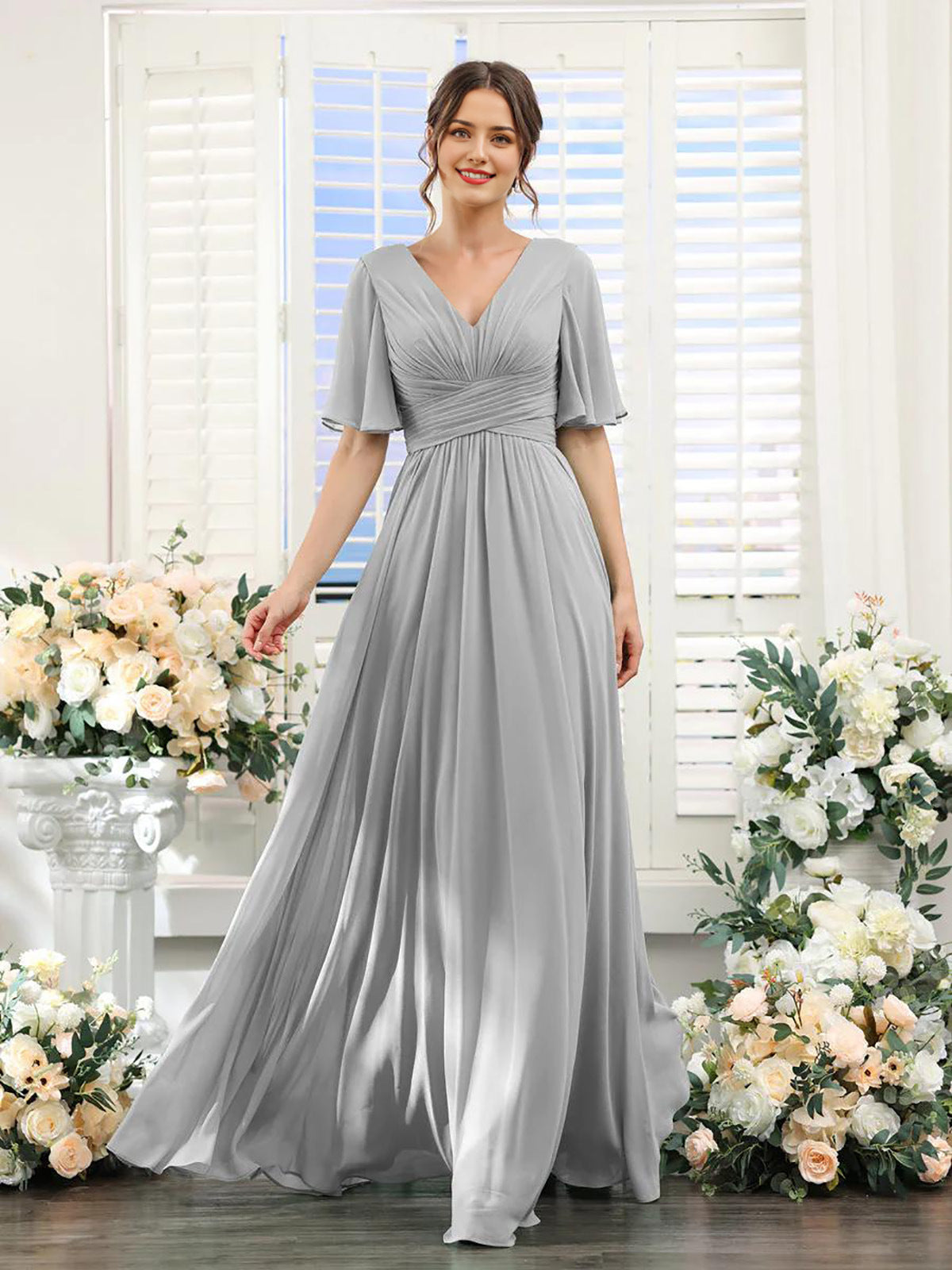 Elegantes Chiffonkleid mit V-Ausschnitt und hohem Schlitz – Perfekt für Hochzeiten und festliche Anlässe, normale Passform 3