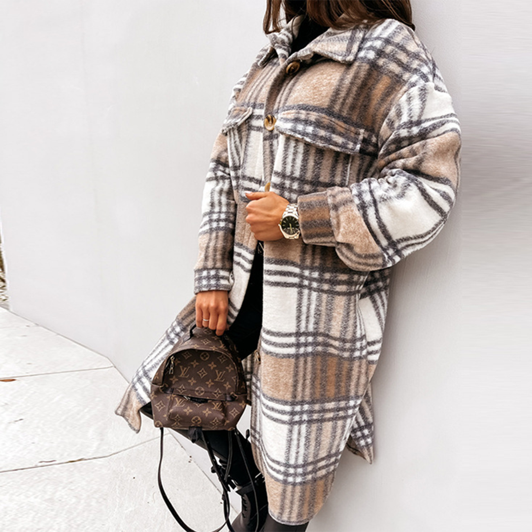 Variant image for Damen-langer Mantel, kariertes Polyester-21