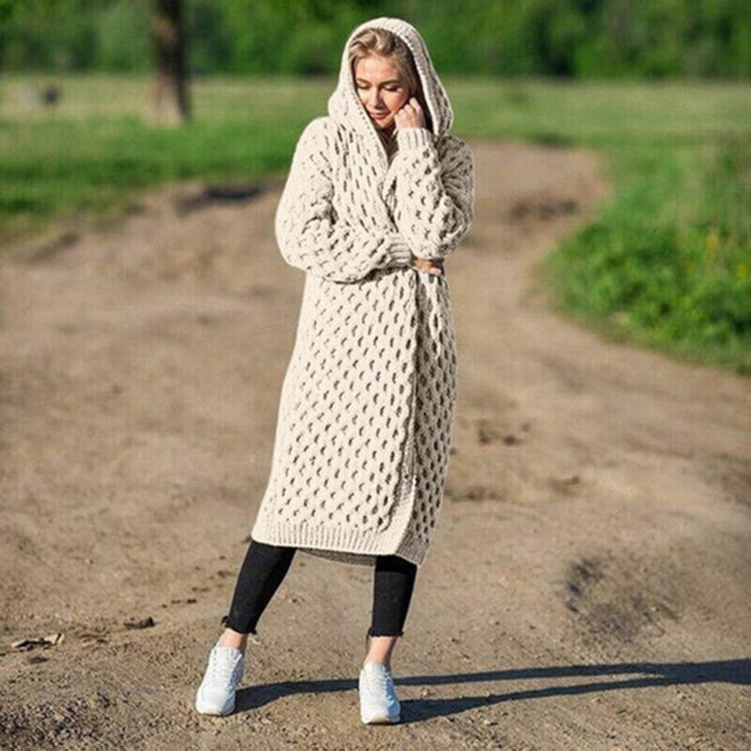 Lange Strickjacke für Damen Kapuze und Strukturiertes Muster aus Polyester 4