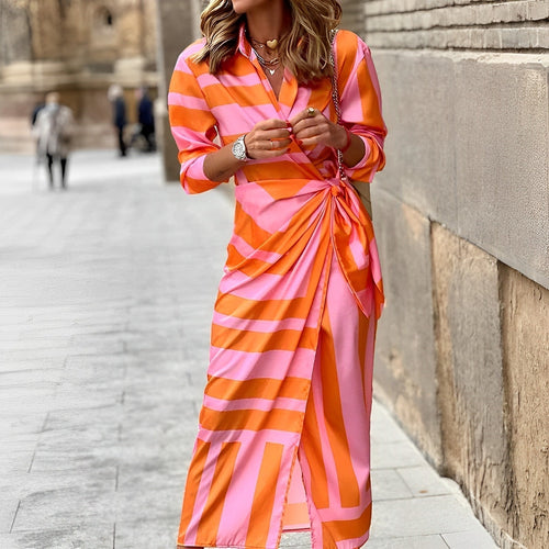 Damen-Maxikleid, V-Ausschnitt, halbe Ärmel, Polyester, Streifen-1