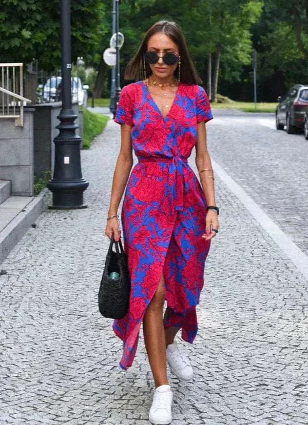 Damen-Sommerkleid, V-Ausschnitt, kurze Ärmel, leichtes Material-3