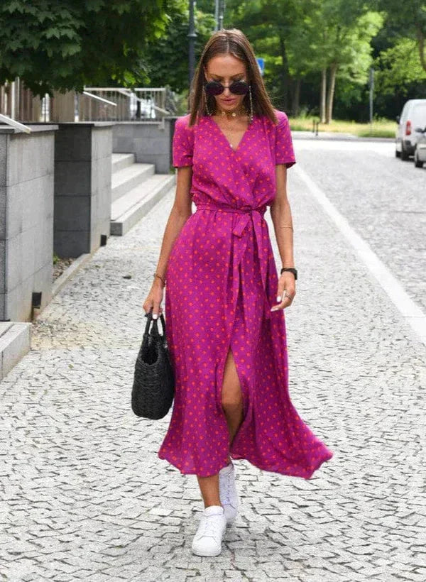 Damen-Sommerkleid, V-Ausschnitt, kurze Ärmel, leichtes Material-2