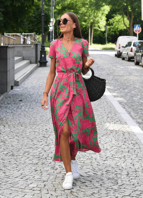 Damen-Sommerkleid, V-Ausschnitt, kurze Ärmel, leichtes Material-1