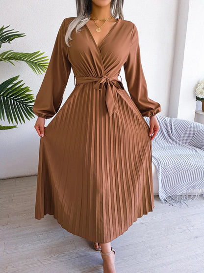 Maxikleid Damen V-Ausschnitt Plissiert Polyester Langes Kleid-5