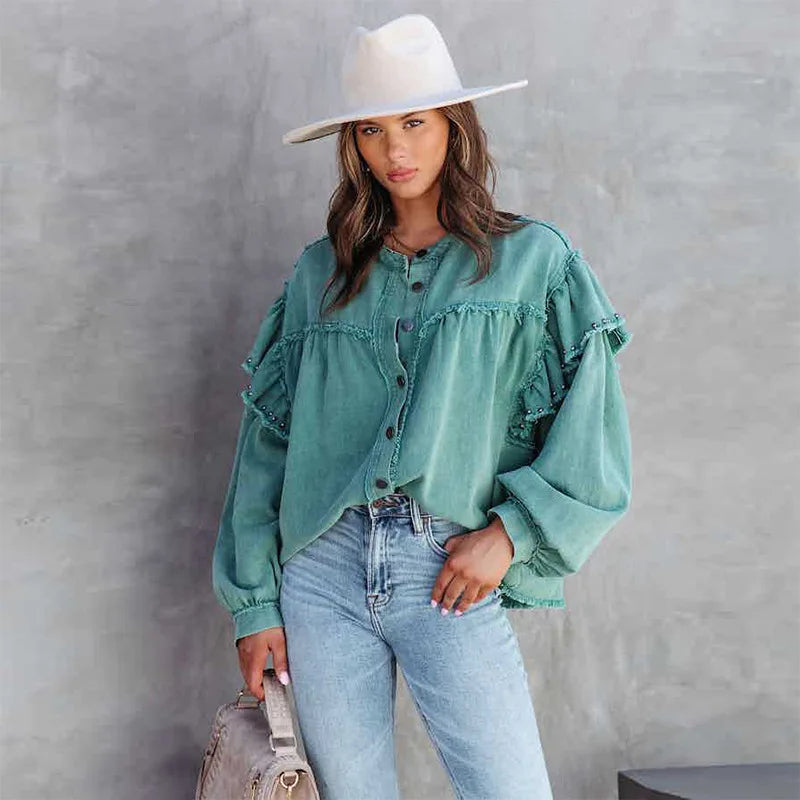 Damenjacke Denim mit Ballonärmeln und Nieten-2