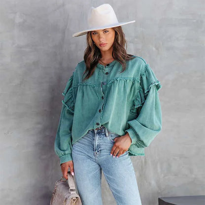 Damenjacke Denim mit Ballonärmeln und Nieten-2