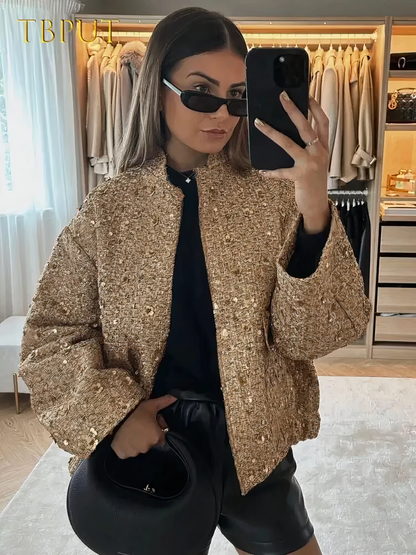 Damenjacke Paillettenbesetzt Polyester Eleganter Stil-1