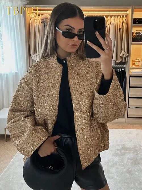 Damenjacke Paillettenbesetzt Polyester Eleganter Stil-1
