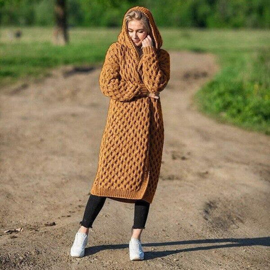 Lange Strickjacke für Damen Kapuze und Strukturiertes Muster aus Polyester 5