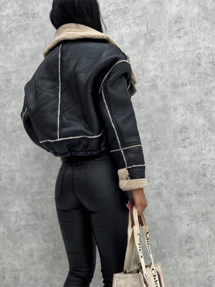 Damen-Leder-Bikerjacke, Biker, Sherpa-Futter-2