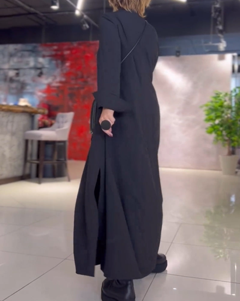 Damen-Maxikleid mit Schlitz aus 100 % Polyester, lange Ärmel, Loose Fit-3