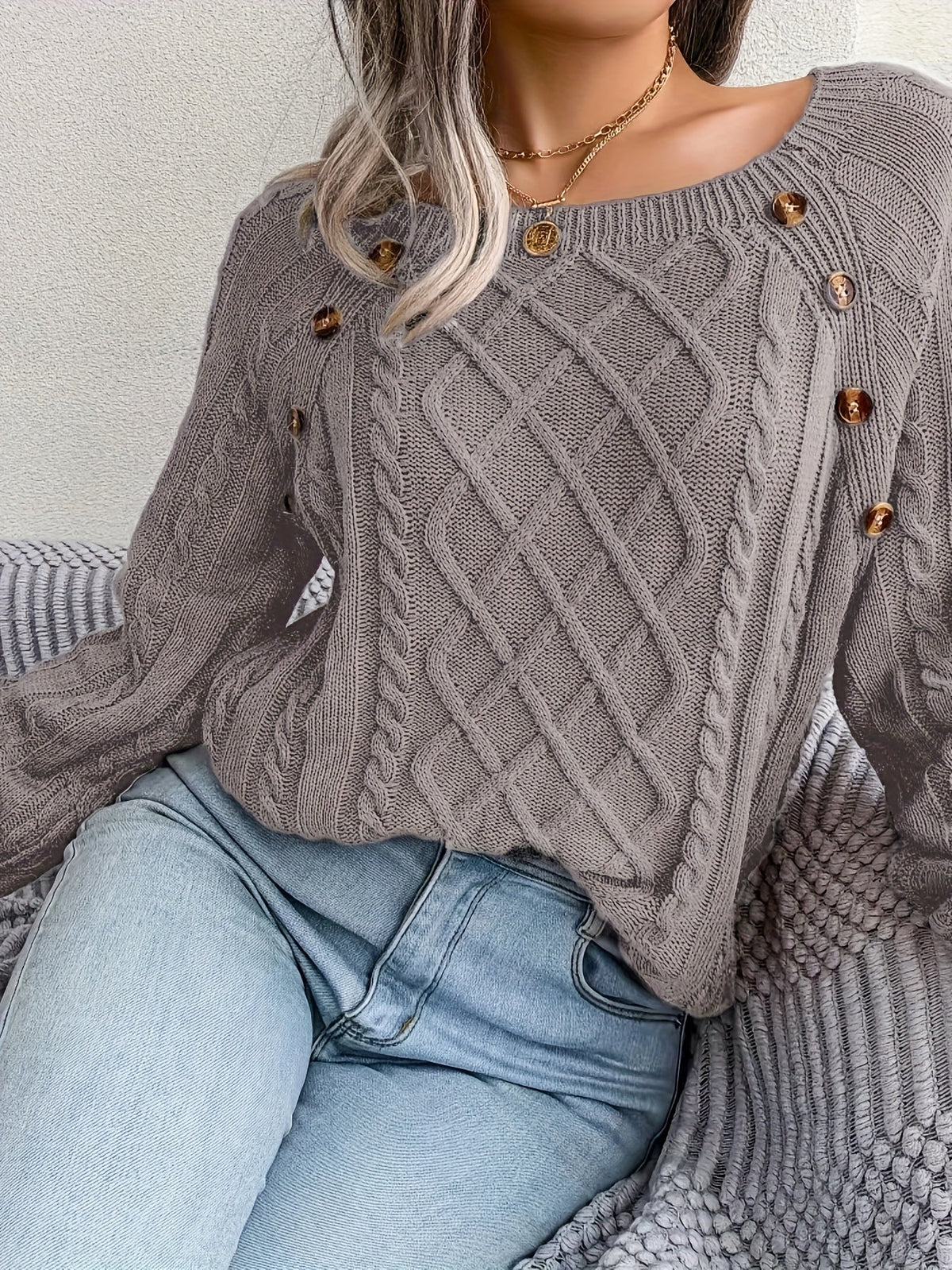 Variant image for Damen-Strickpullover, runder Ausschnitt, Zopfstrick, weiche Acrylmischung-8