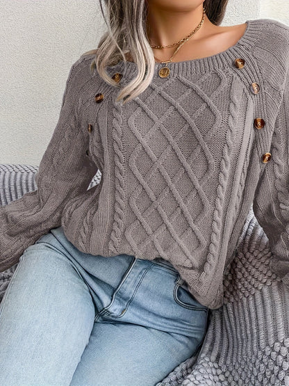 Variant image for Damen-Strickpullover, runder Ausschnitt, Zopfstrick, weiche Acrylmischung-8