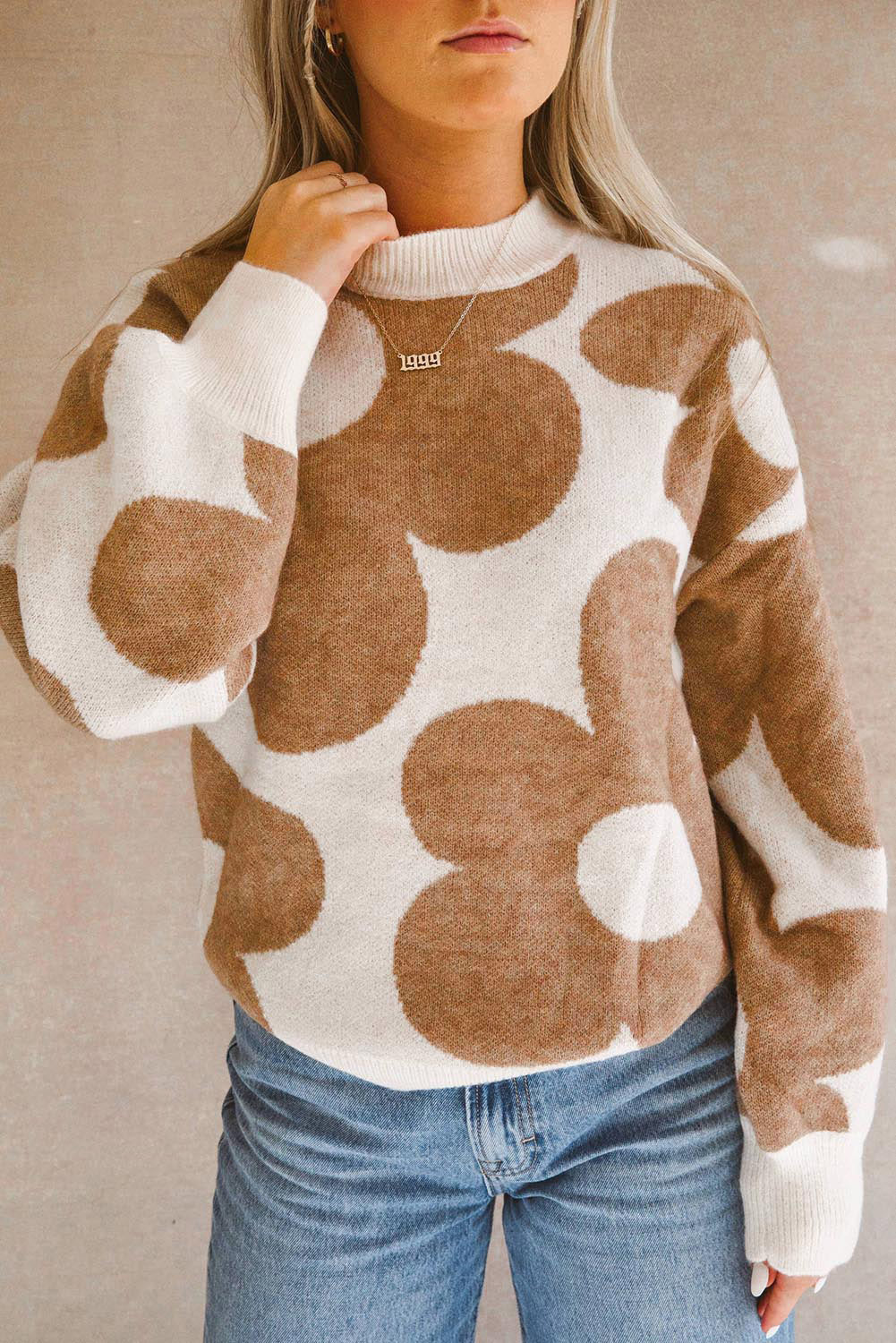 Damen-Strickpullover, Blumenmuster, weiches Khaki-4