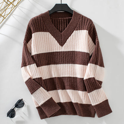 Damen-Pullover, V-Ausschnitt, gestreift, lange Ärmel, weiche Faser-1