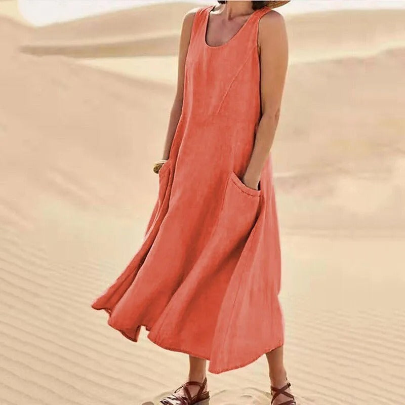 Damen-Kleines Leinenkleid mit Taschen, atmungsaktiv, Loose Fit 6