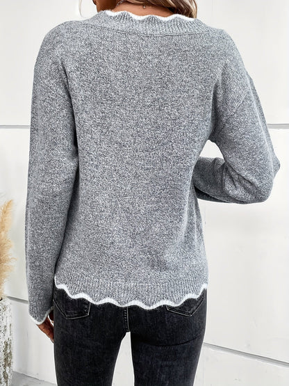 Damen-Strickpullover, V-Ausschnitt mit Rüschen, weich und atmungsaktivem Design-4