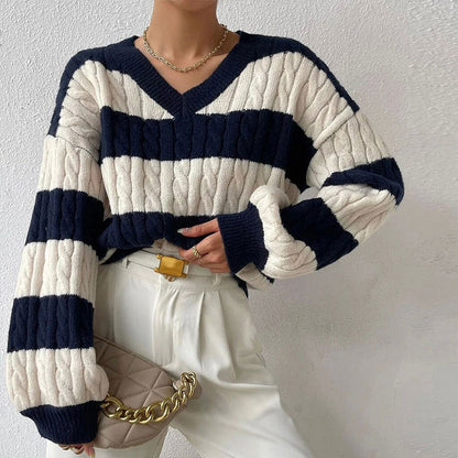 Damen-gestreifter Pullover, gestrickt, Wolff-Ausschnitt, Acryl-2
