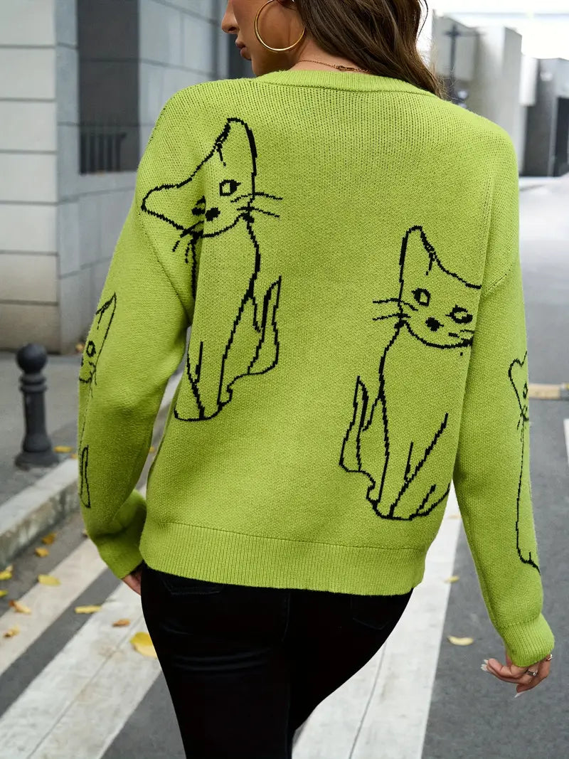 Damenpullover Katzenmotiv Grün Weiches Material Lässige Passform-2