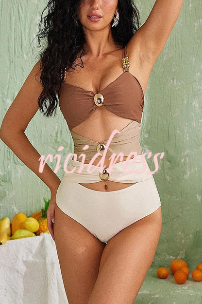 Badeanzug Damen Ärmellos Slim Fit mit Patchworkmuster und dekorativem Metallschmuck Polyester-3