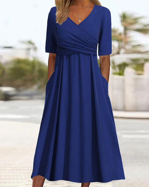 Damen-Midikleid, A-Linie, V-Ausschnitt, Baumwollmischung-1