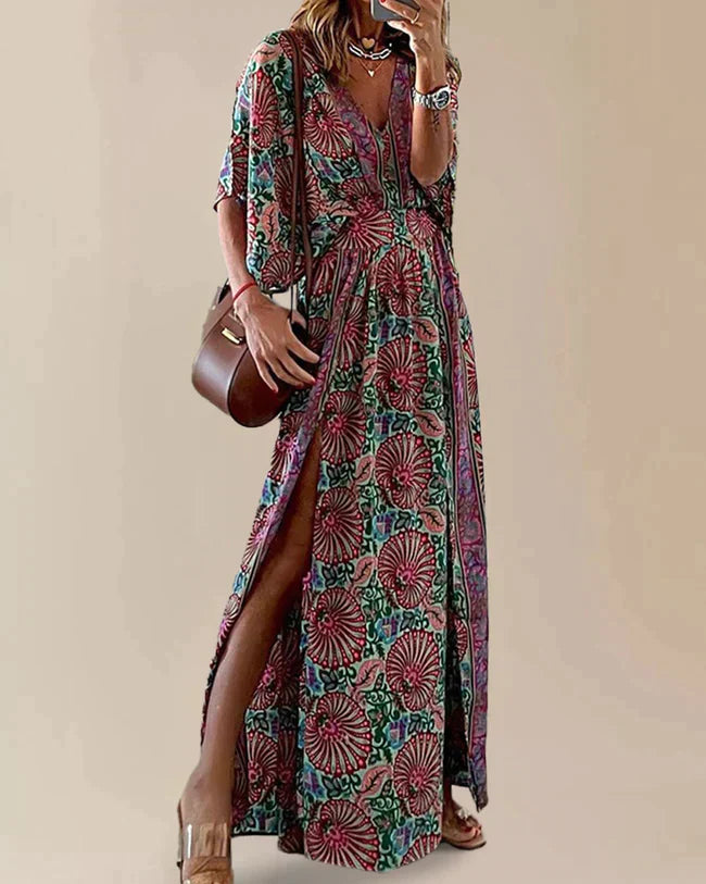 Bohemian-Midikleid für Frauen mit halben Ärmeln und V-Ausschnitt – Weicher und atmungsaktiver Stoff, knitterfreies Design 3
