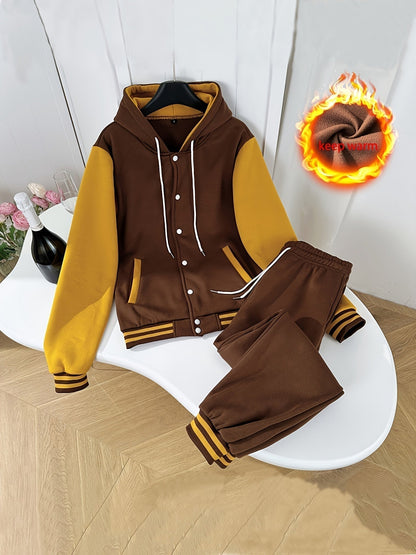 2-teiliger Jogginganzug für Damen mit gefütterter Kapuzenjacke und passender Jogginghose – trendiges Colorblocking-Design in Khaki 1