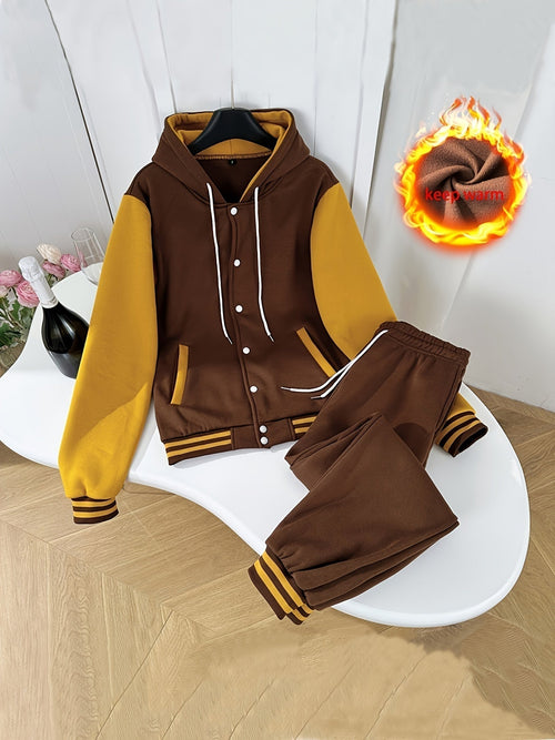 2-teiliger Jogginganzug für Damen mit gefütterter Kapuzenjacke und passender Jogginghose – trendiges Colorblocking-Design in Khaki 1