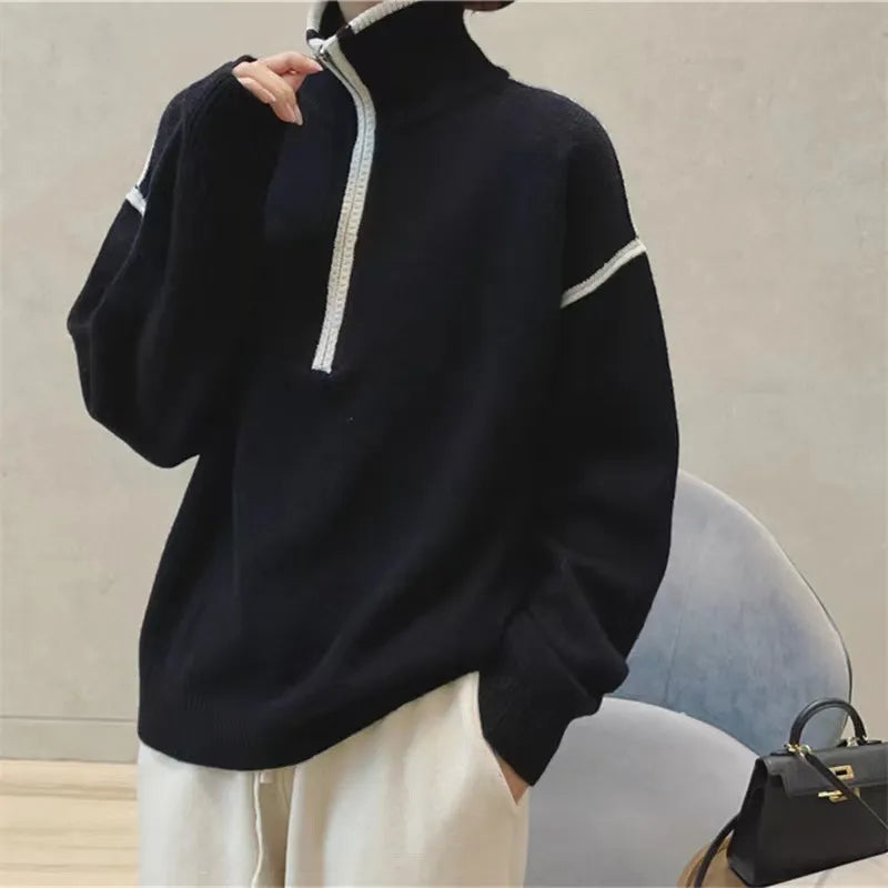 Damen-Pullover, halber Reißverschluss, weiches Material-1