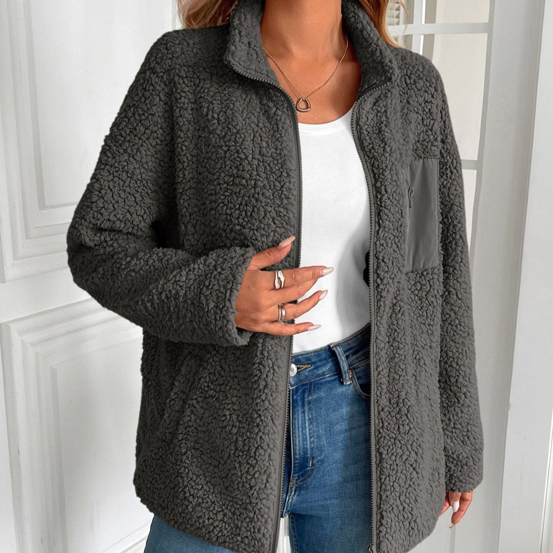 Damen-Fleecejacke, lässiger Winter, Plüschmaterial, mit Reißverschluss-3