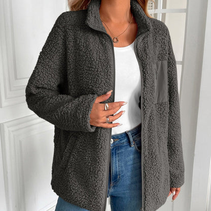 Damen-Fleecejacke, lässiger Winter, Plüschmaterial, mit Reißverschluss-3