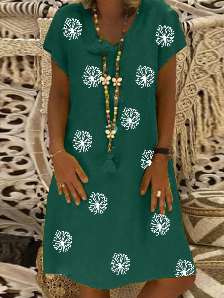 Damen-Midikleid, Blumenmuster, V-Ausschnitt, kurze Ärmel, Polyester-2