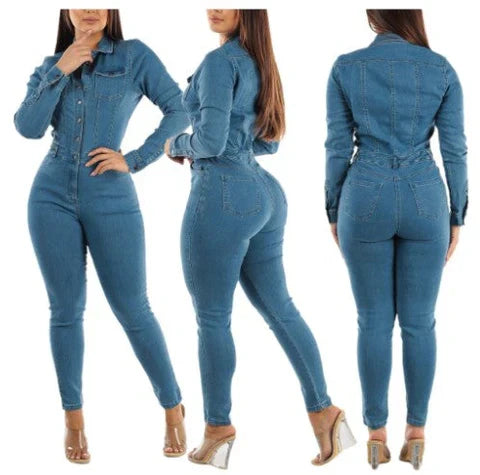 Damen-Jumpsuit Lässig Dunkelgrau Denim mit verstellbaren Trägern-2