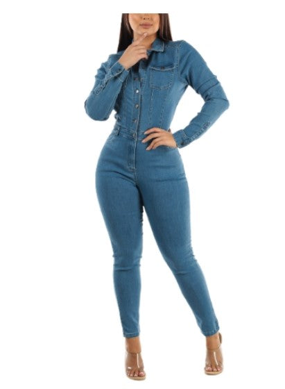 Damen-Jumpsuit Lässig Dunkelgrau Denim mit verstellbaren Trägern-1
