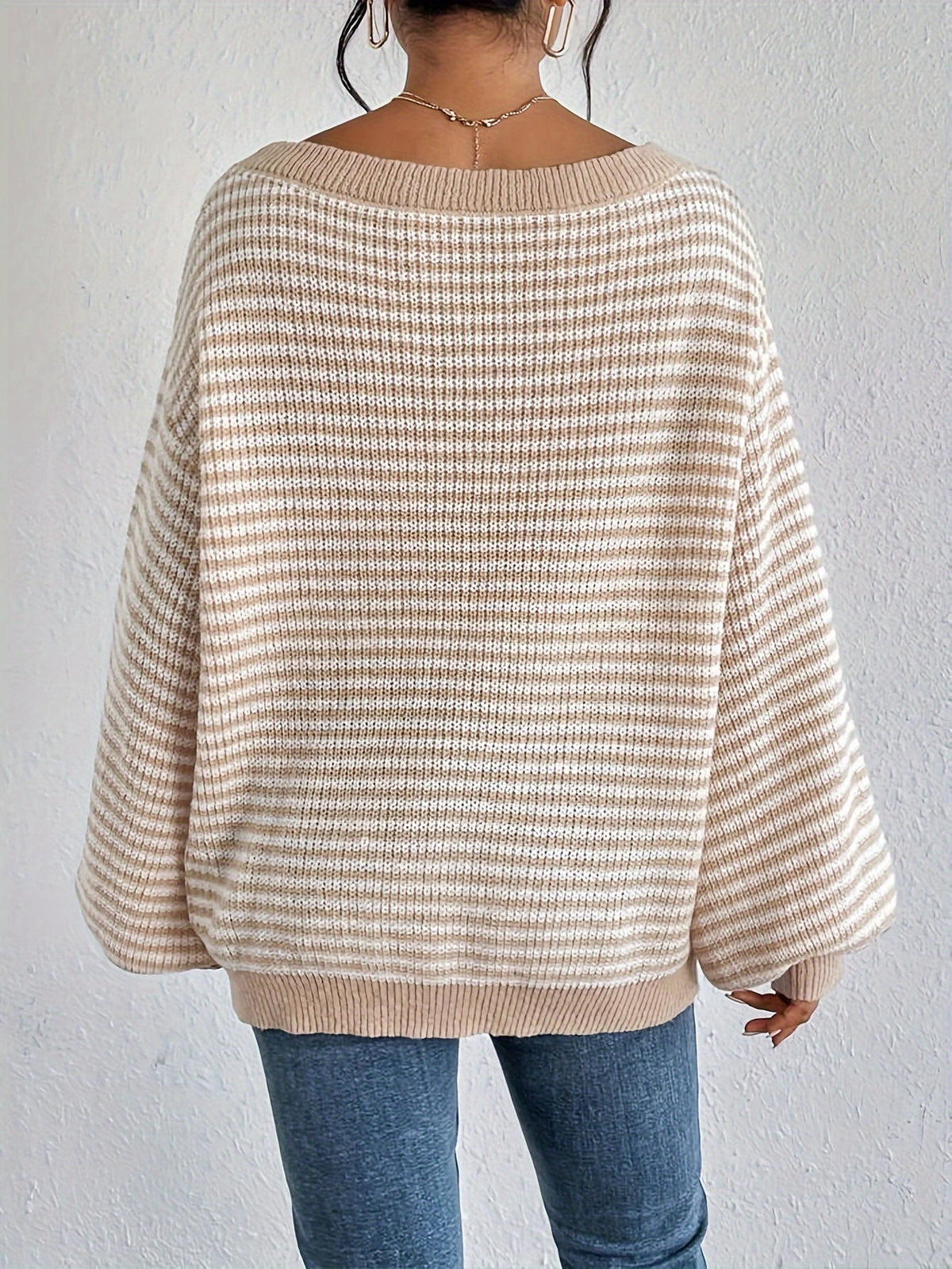 Damen-Oversize-Strickpullover, gestreift, Baumwolle-3