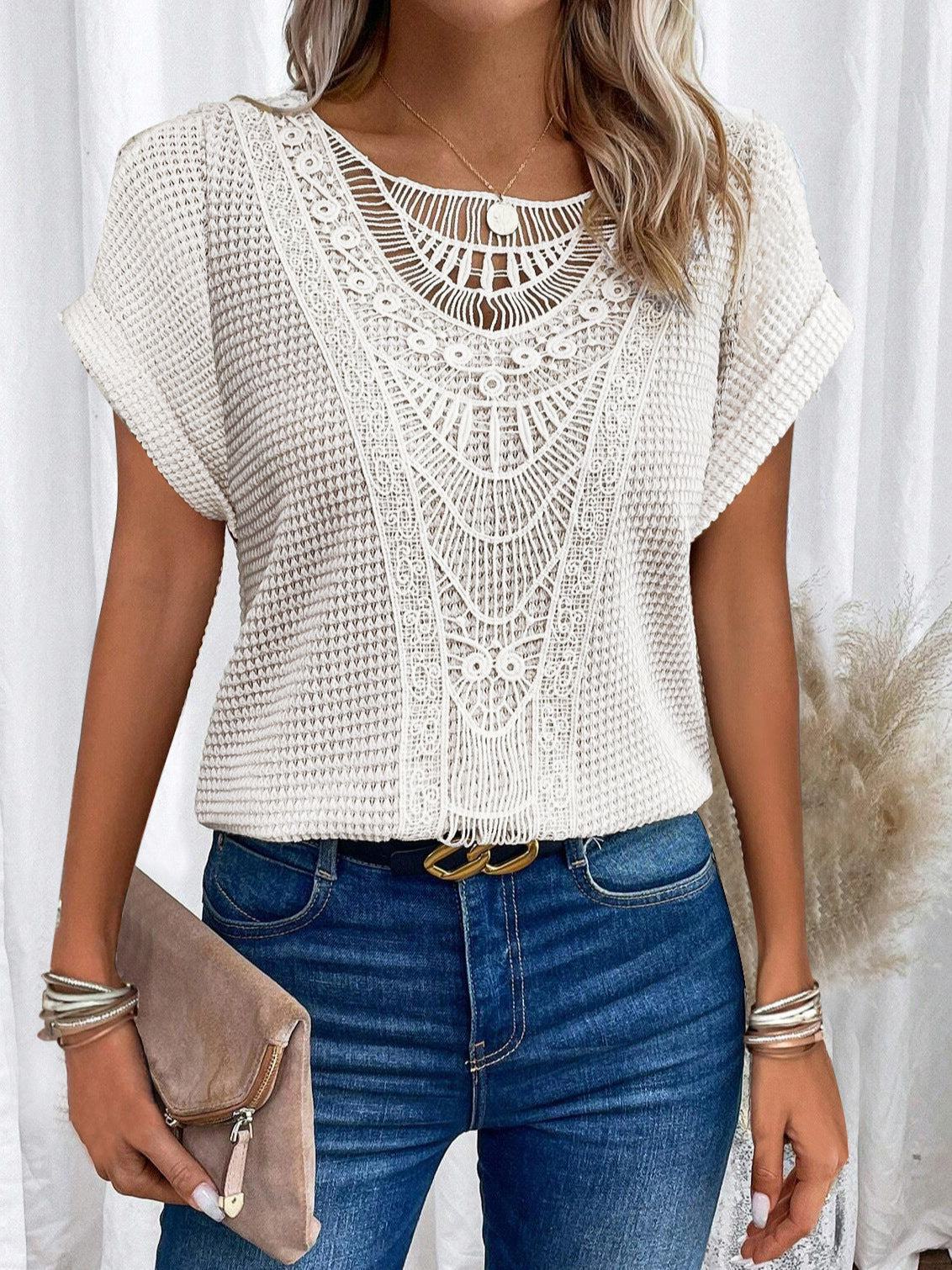 Damen-T-Shirt, Spitzendetails, Baumwollmix, kurze Ärmel 2