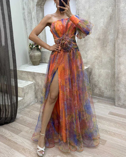 Damen-Schulterfreies Kleid, transparent, Tüll, elegant, fließend-5