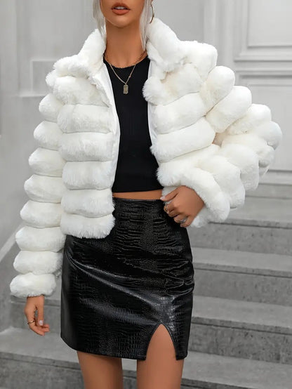 Damen-Winterjacke, kurz, gesteppt, Kunstfell mit langen Ärmeln-5