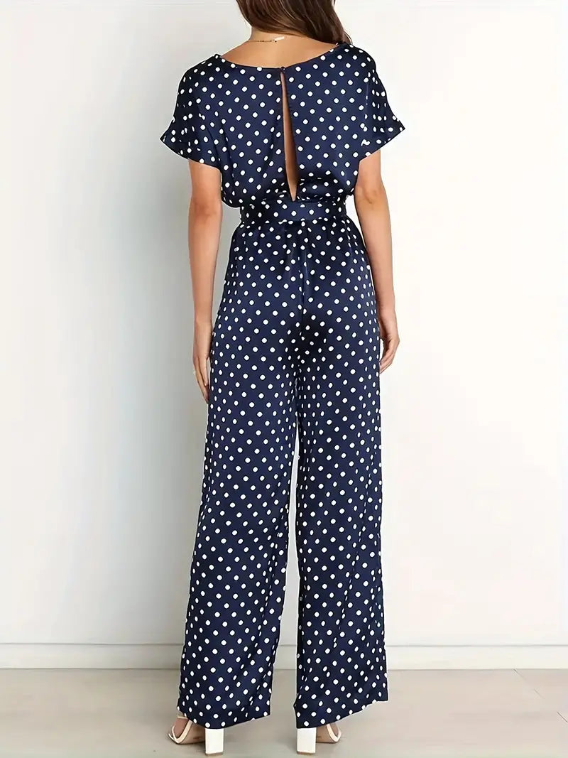 Damen-Jumpsuit Gepunktet Marineblau V-Ausschnitt Leichter Stoff-2